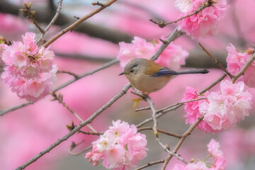 Blue-winged Minla, small bird perch in cherry blossom tree branches. Taken in China. Bird watching. nature wildlife.