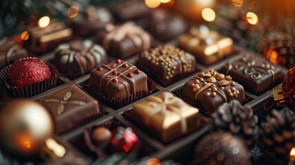 There are many chocolates in a tray with decorations on it, food background