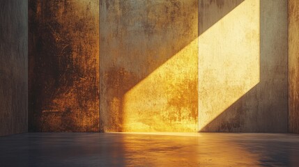 Warm sunlight casts dramatic shadows in an empty industrial space with textured concrete walls.