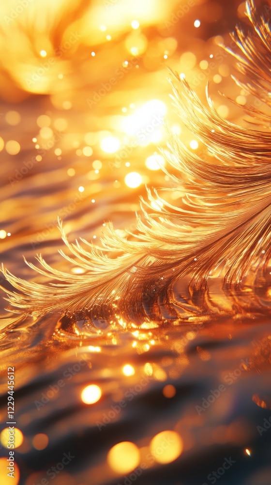 Poster close-up of a golden feather floating on water with sparkling bokeh, capturing a dreamy and ethereal