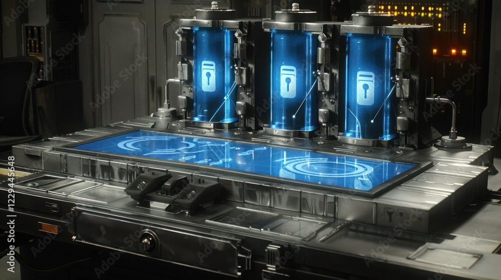 Poster futuristic control panel with glowing locks and digital interface in a high-tech laboratory setting