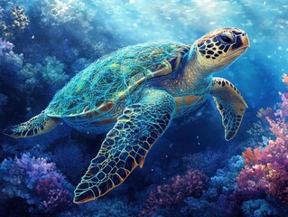 Fototapeta premium Vibrant Sea Turtle Swimming in Lush Coral Reef Surrounded by Colorful Marine Life and Entangled in Bright Blue Plastic Waste