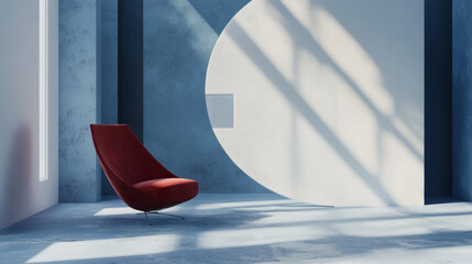 Red chair in modern minimalist room with shadows