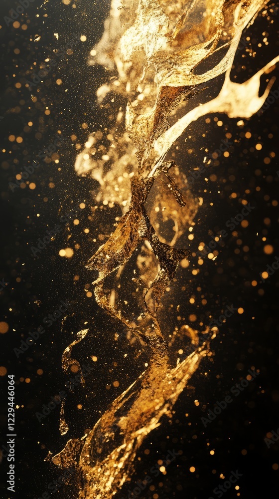 Poster dynamic abstract image of golden liquid splash with glittering particles on a dark background, evoki