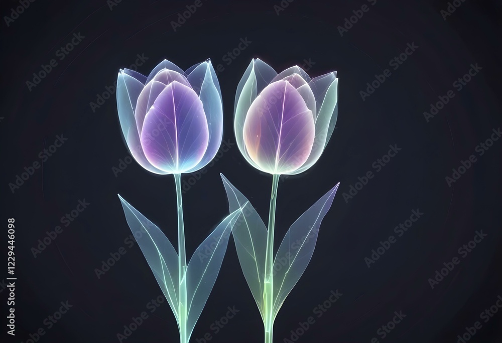 Poster digital rendering of neon-colored glowing tulips with vibrant luminescent petals on a dark backgroun