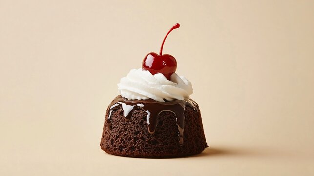 Molten chocolate lava cake topped with a dollop of whipped cream and a cherry, isolated on a light beige background