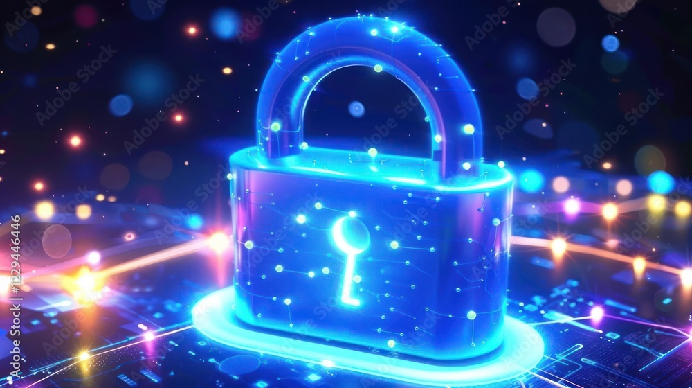 Poster futuristic digital padlock surrounded by glowing particles and circuit patterns, symbolizing cyberse