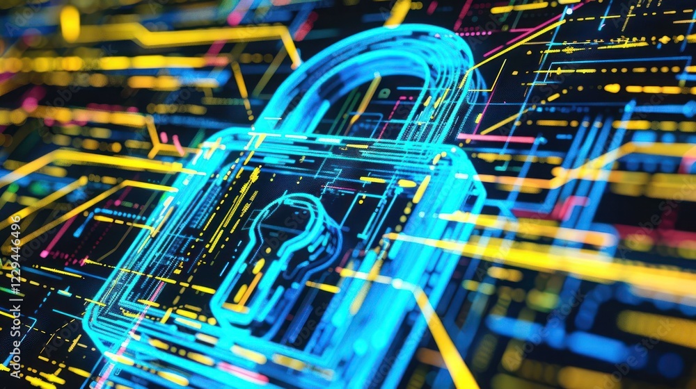 Aufkleber digital lock symbolizing cybersecurity amidst vibrant data flow and technology background
