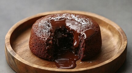 Molten chocolate lava cake with gooey chocolate, styled on a rustic wooden plate, isolated on gray background