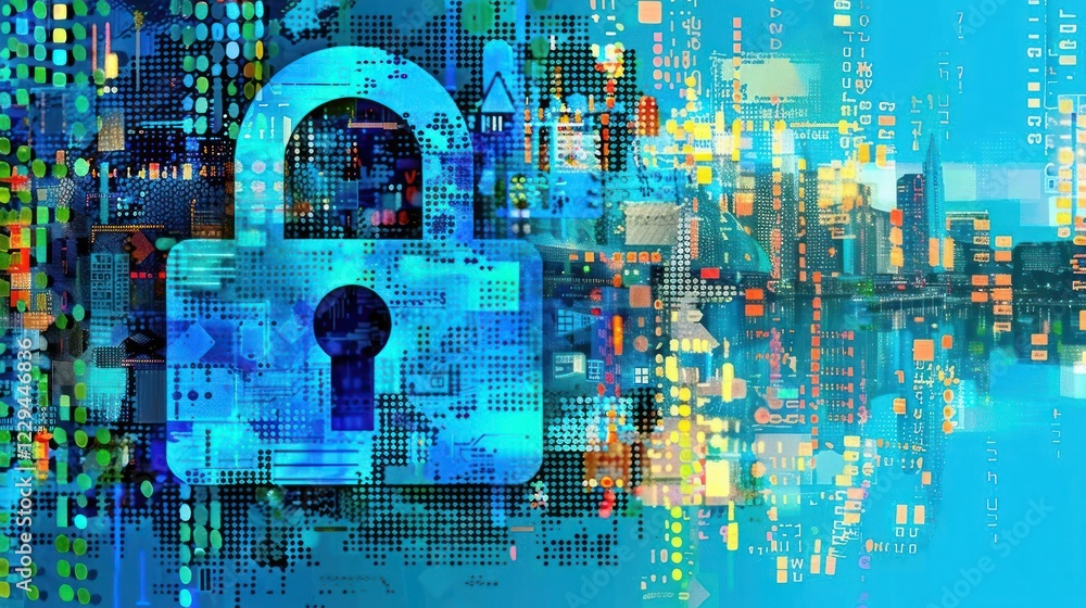 Poster digital lock symbolizing cybersecurity amidst a vibrant cityscape and data streams