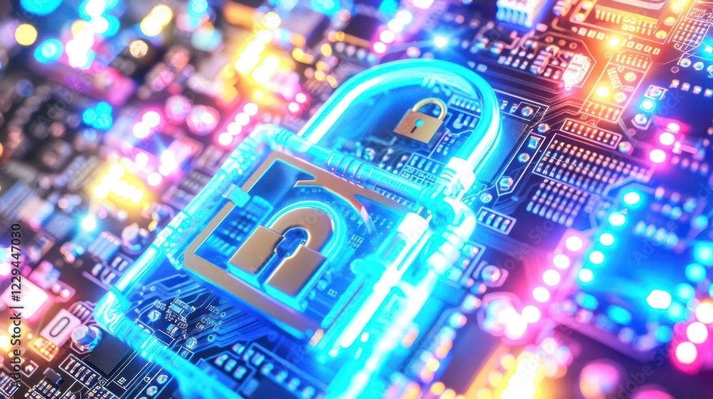 Poster digital lock symbolizing cybersecurity on a vibrant circuit board with glowing lights