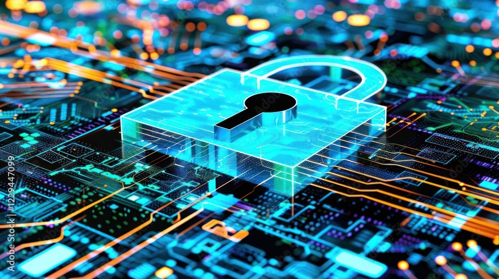Poster digital padlock symbolizing cybersecurity on a vibrant circuit board background