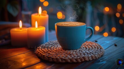 Fototapeta premium There is a cup of coffee on a table with candles, drink background