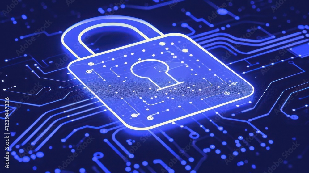 Poster digital padlock symbolizing cybersecurity on a circuit board background with glowing effects