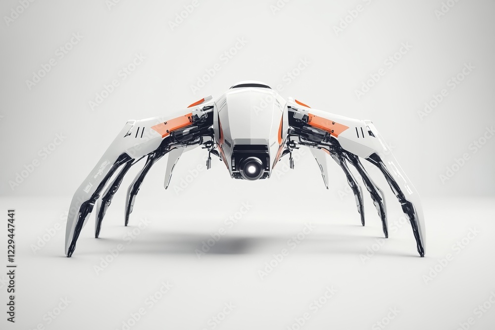 Poster high-tech robotic spider drone showcasing cutting-edge design and innovation in robotics on a clean,