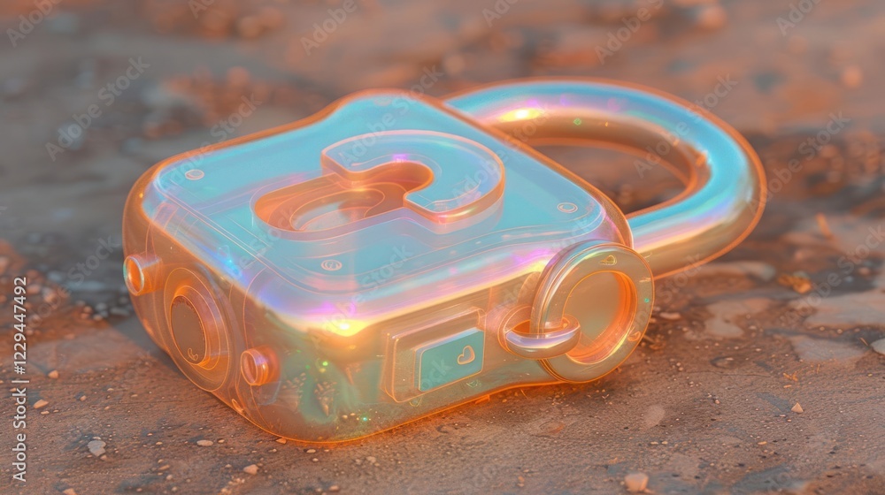 Poster colorful translucent padlock resting on sandy surface with soft lighting and reflections