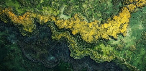 Abstract Swirls of Green and Gold: An abstract aerial view reveals a mesmerizing landscape of...