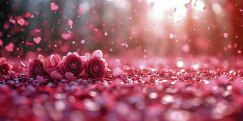 Pink roses and scattered petals with soft bokeh for a romantic setting, AI generated