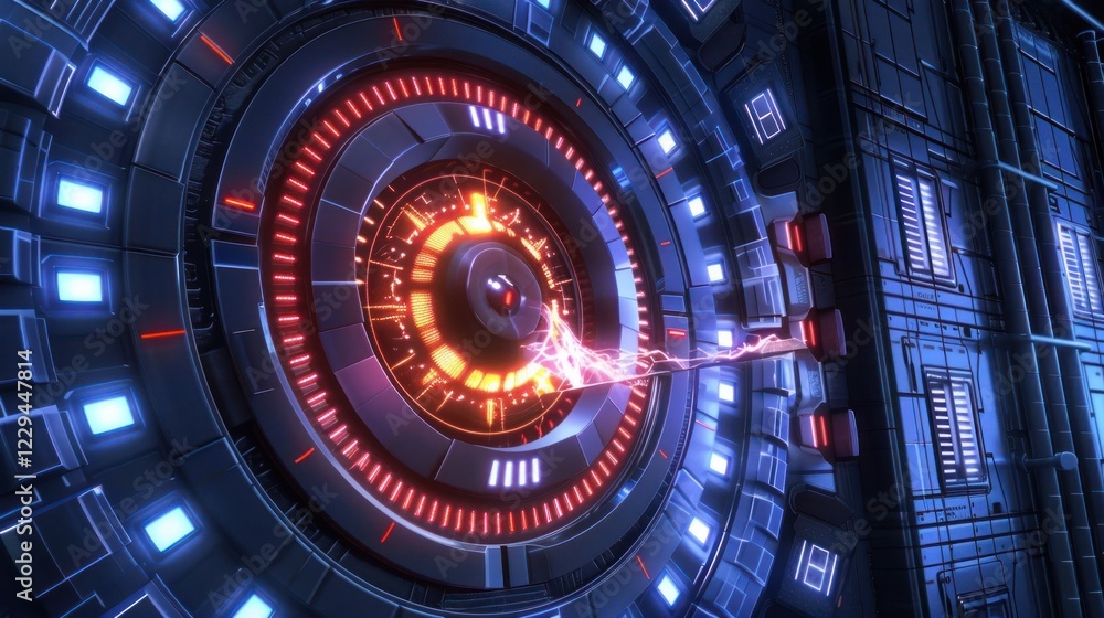 Poster futuristic energy core with glowing elements and dynamic lightning effects in a sci-fi setting