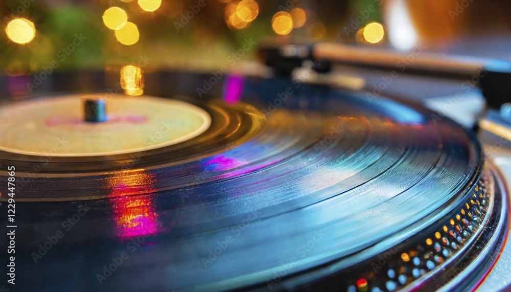 Poster close-up of a turntable with a vinyl record illuminated by blue light and soft bokeh in the backgrou