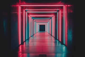 Fototapeta premium Futuristic Neon Tunnel with Vibrant Pink and Blue Lights Creating a Symmetrical and Mesmerizing Perspective