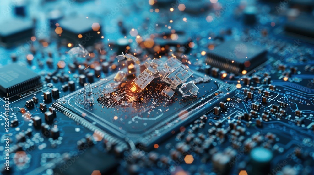 Aufkleber close-up view of a microchip with sparks, showcasing technology in action on a circuit board