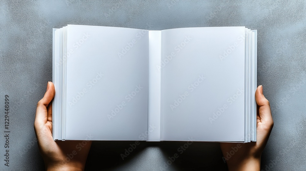 Poster open blank notebook with hands against gray background