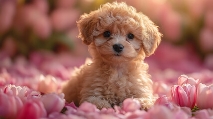 Adorable poodle puppy sit pink tulips fluffy curly fur soft petals gentle spring atmosphere romantic valentine heartwarming cute playful tiny dog beautiful floral portrait photography fun wallpaper