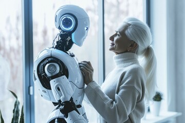 An elderly white-haired woman meets a friendly, white care robot, care for the elderly, AI generated, AI generated