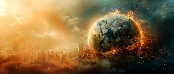 Apocalyptic scene with burning planet on the background of destroyed city. Suitable for sci-fi book covers, film posters or thematic articles about the end of the world.