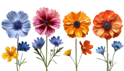 Set of four garden flowers isolated on transparent background