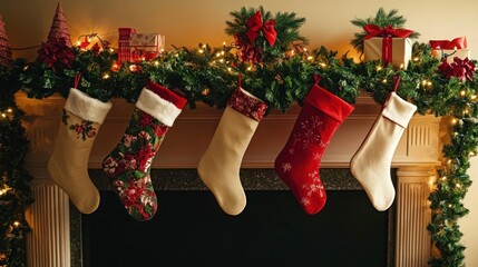 A festive Christmas mantelpiece adorned with garlands of greenery, red ribbon, and twinkling fairy lights. Stockings hang from the edge, ready to be filled with gifts.