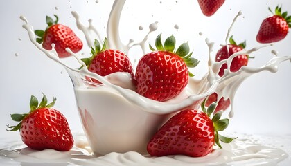 Fraises fraîches tombant dans du lait avec effet d’éclaboussures.