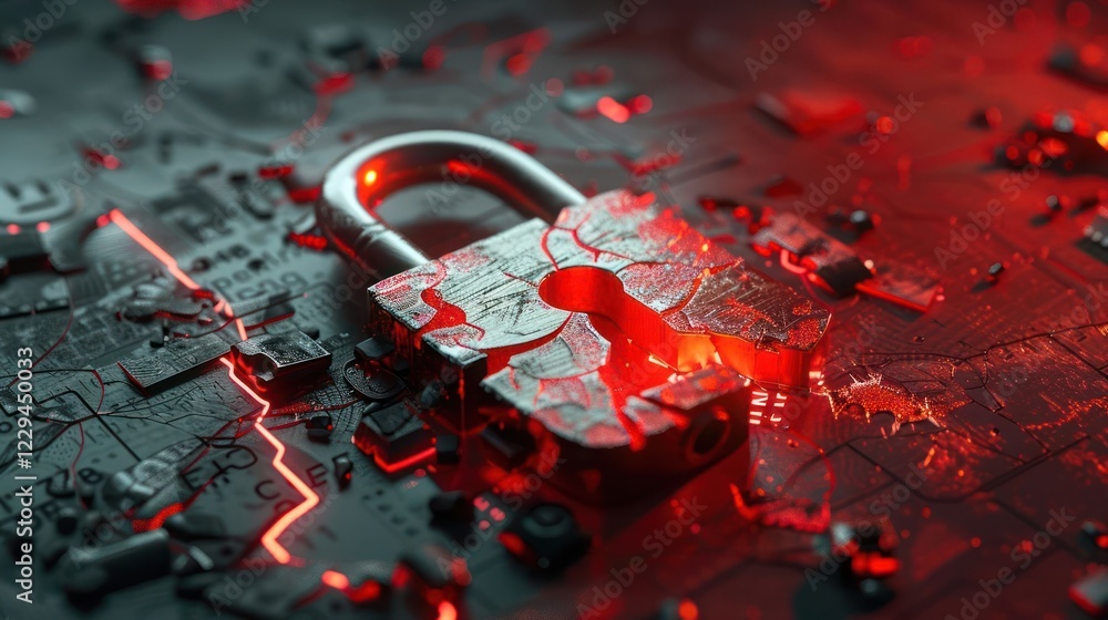 Poster a close-up view of a broken padlock on a digital circuit board, illuminated by red light