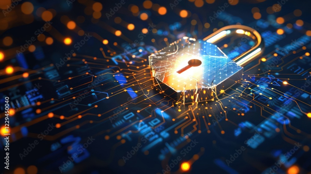 Poster digital padlock symbolizing cybersecurity on a circuit board background with glowing connections