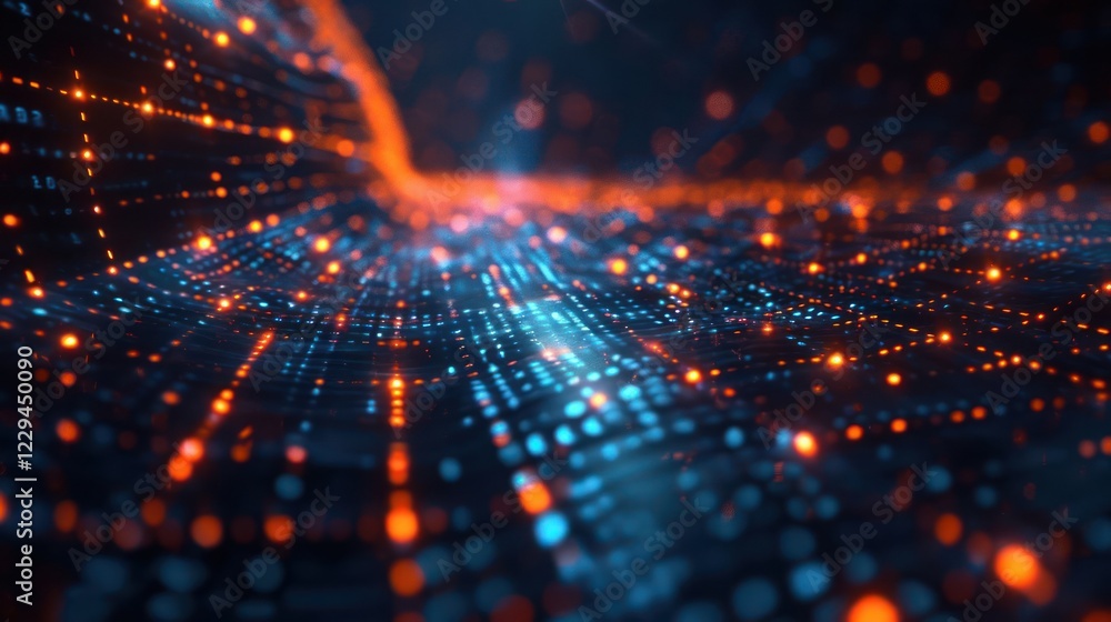 Poster abstract digital landscape with glowing particles, creating a sense of depth and movement