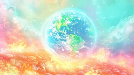 Fototapeta premium Vibrant depiction of Earth surrounded by colorful flames and ethereal clouds in a surreal landscape