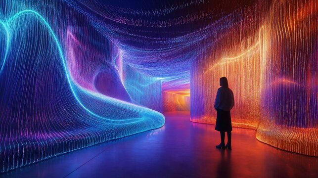 Immersive Digital Art Installation: A Woman Exploring a Vibrant, Luminous Light Sculpture Exhibit