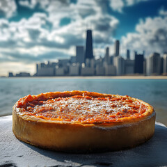 Chicago style deep dish pizza with the Chicago skyline in the background 
