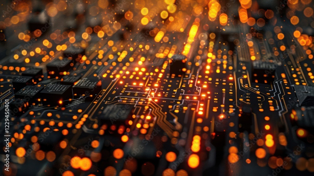 Poster abstract close-up of a circuit board with glowing lights and intricate patterns, showcasing technolo