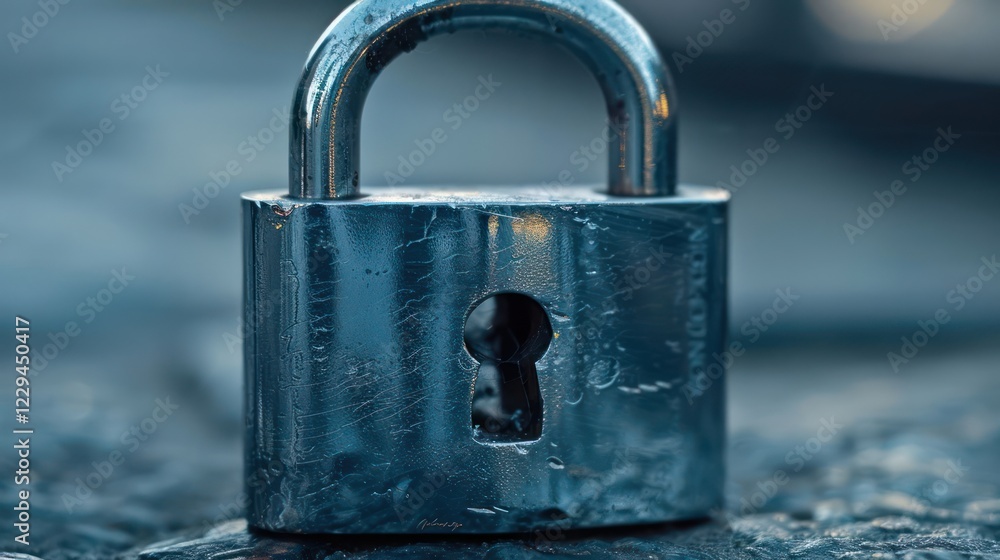 Poster close-up of a shiny padlock resting on a textured surface, with a blurred background suggesting secu