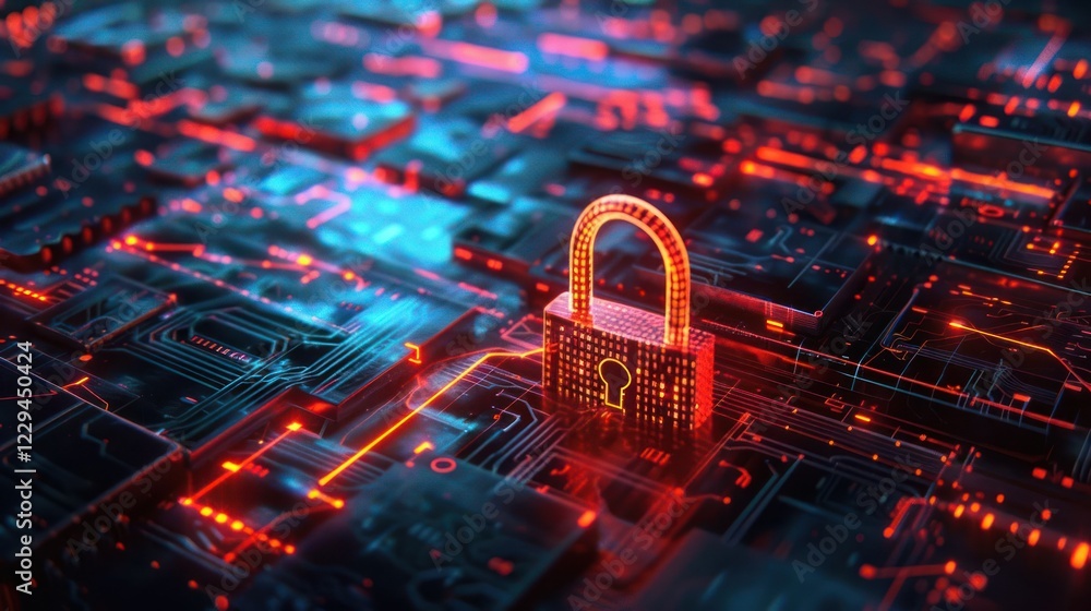 Poster digital lock symbolizing cybersecurity amidst a vibrant network of circuits and data streams