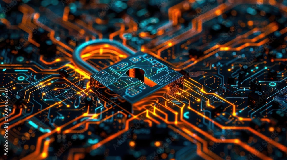 Aufkleber digital lock on a circuit board with glowing connections, symbolizing cybersecurity and technology