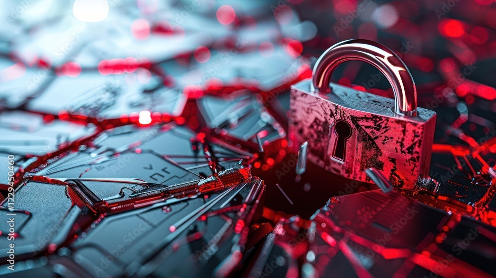 Poster a close-up of a metallic padlock on a fragmented digital surface with glowing red elements