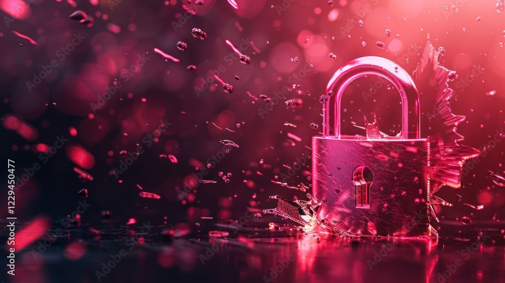 Poster a vibrant close-up of a padlock splashing into water, creating dynamic droplets and reflections