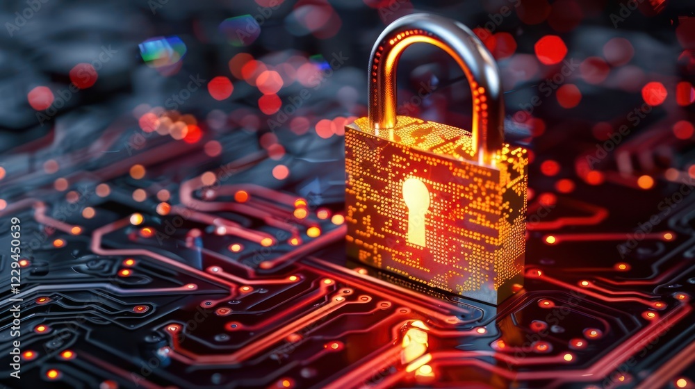 Poster digital padlock symbolizing cybersecurity on a circuit board with glowing lights