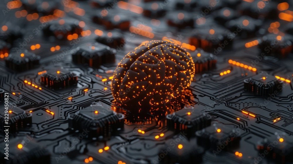 Aufkleber abstract representation of a brain emerging from a circuit board, illuminated by orange lights