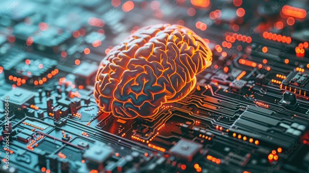 Poster futuristic representation of a glowing brain on a circuit board, symbolizing ai and technology integ