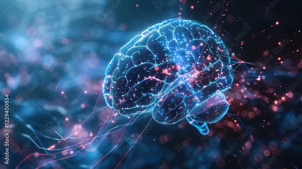 Poster futuristic digital representation of a brain with glowing neural connections in a dark background