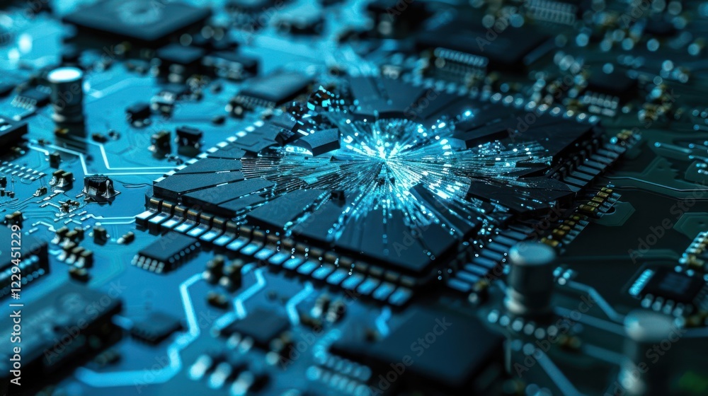 Poster close-up of a damaged microchip on a circuit board with intricate connections and blue lighting